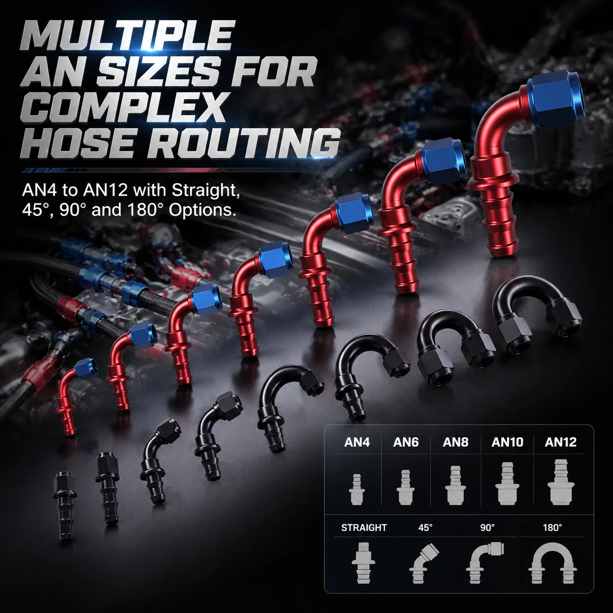 AN4 AN6 AN8 AN10 AN12 Push Lock Fuel Hose End Fitting 0° 45° 90° 180 Degree Aluminum Alloy Quick Connect Oil Gas Line Connector