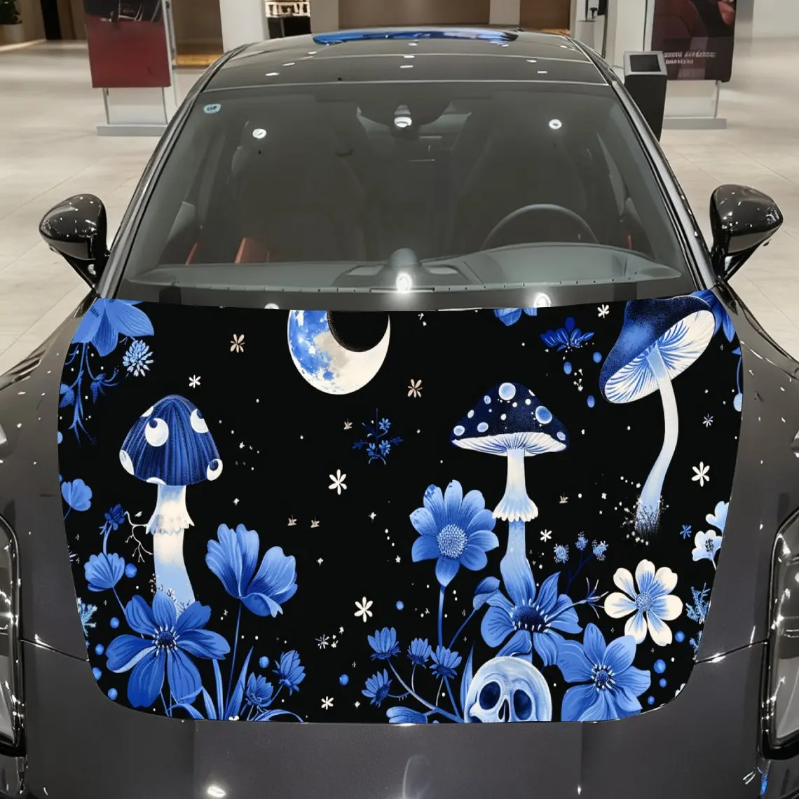 Blue Skull Mushroom Car Hood Wrap, Boho Gothic Art Car Hood Decal, Car Exterior Accessory, Waterproof and Self-adhesive Auto Cov