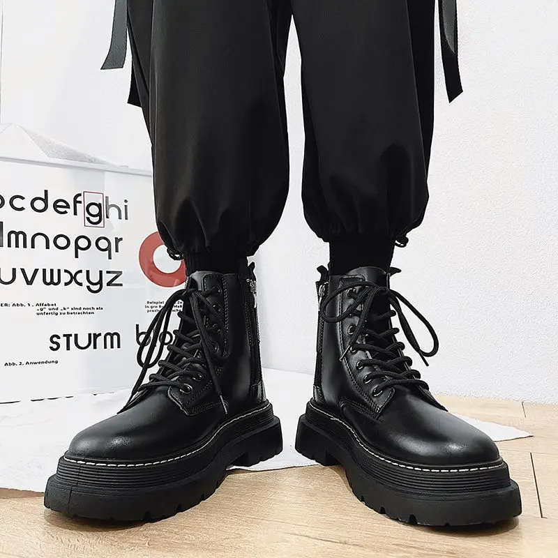 

Hot Selling Internet Sensation Men's 2025 Spring Autumn Soft Leather Black High Top Side Zipper Work Boots High Quality