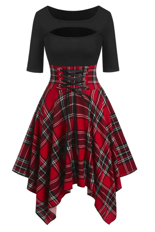 Irregular Punk Gothic Plaid Print Party Dress Long Sleeve Black Harajuku  Aesthetic Hip Hop Holiday Atchwork Lace Up Mini Dresses - AliExpress  200000345