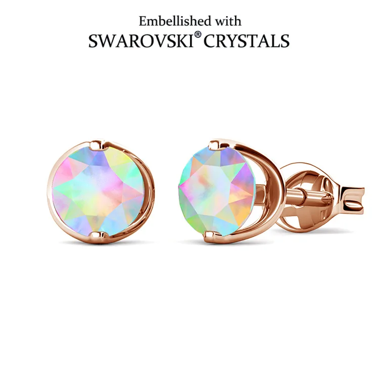 Daisini Round Stud Earrings for Women, Aurora Borealis Swarovski Crystals, 18K Rose Gold Plated, Dainty Jewelry Gift