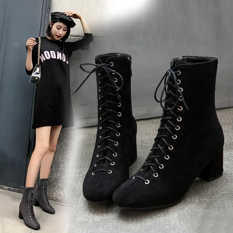 Black Ankle Boots for Women Chunky Boots High Heel Autumn Winter Pointed Toe Booties Woman Fashion Zipper Gray Black Boots 2024