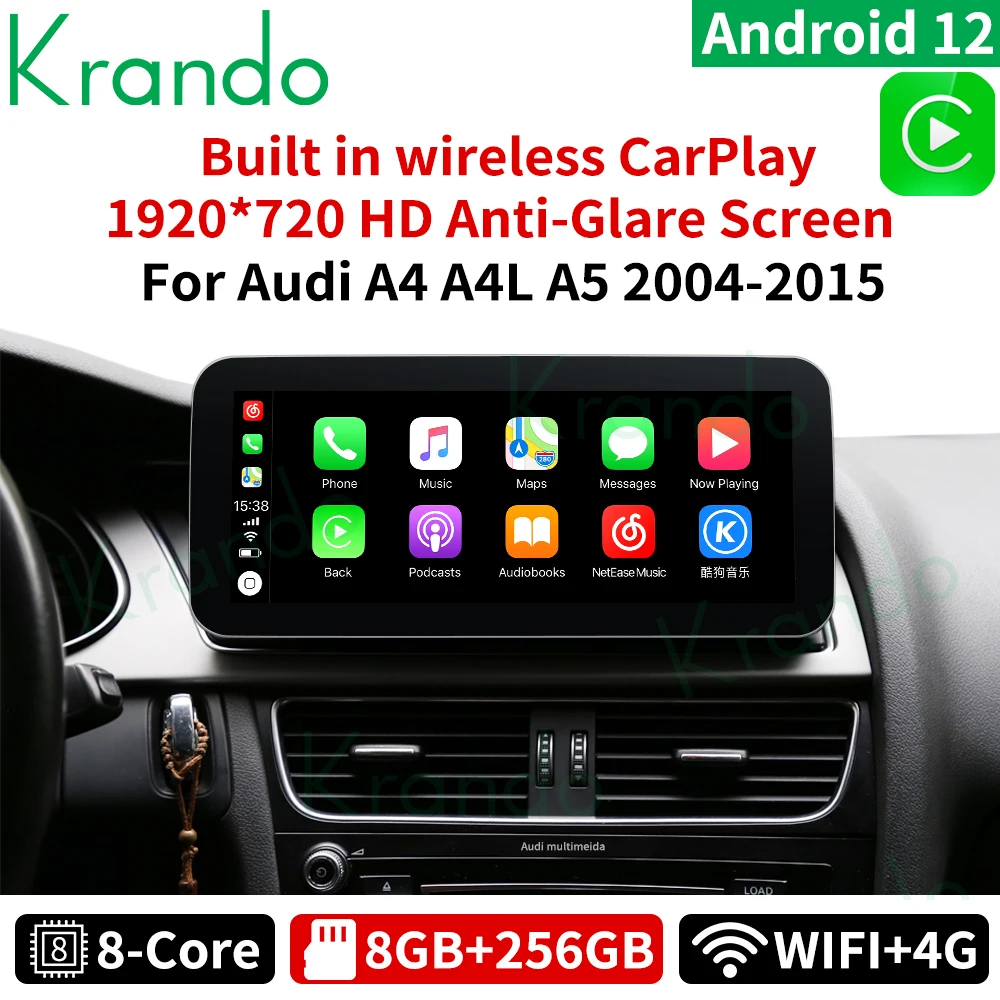 

Автомобильный радиоплеер Krando, Android 12,0, 10,25 дюйма, LHD, для Audi A4, A4L, A5, 2009-2015, GPS-навигация, беспроводной Carplay, Playstore, 4G, SIM