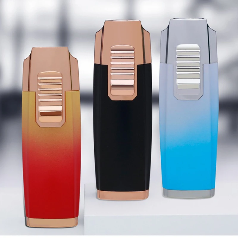 JOBON-Triple Blue Flame Metal Jet Lighter, Windproof, Pull Down Ignition, Visual Gas Window with Cigar Cutter