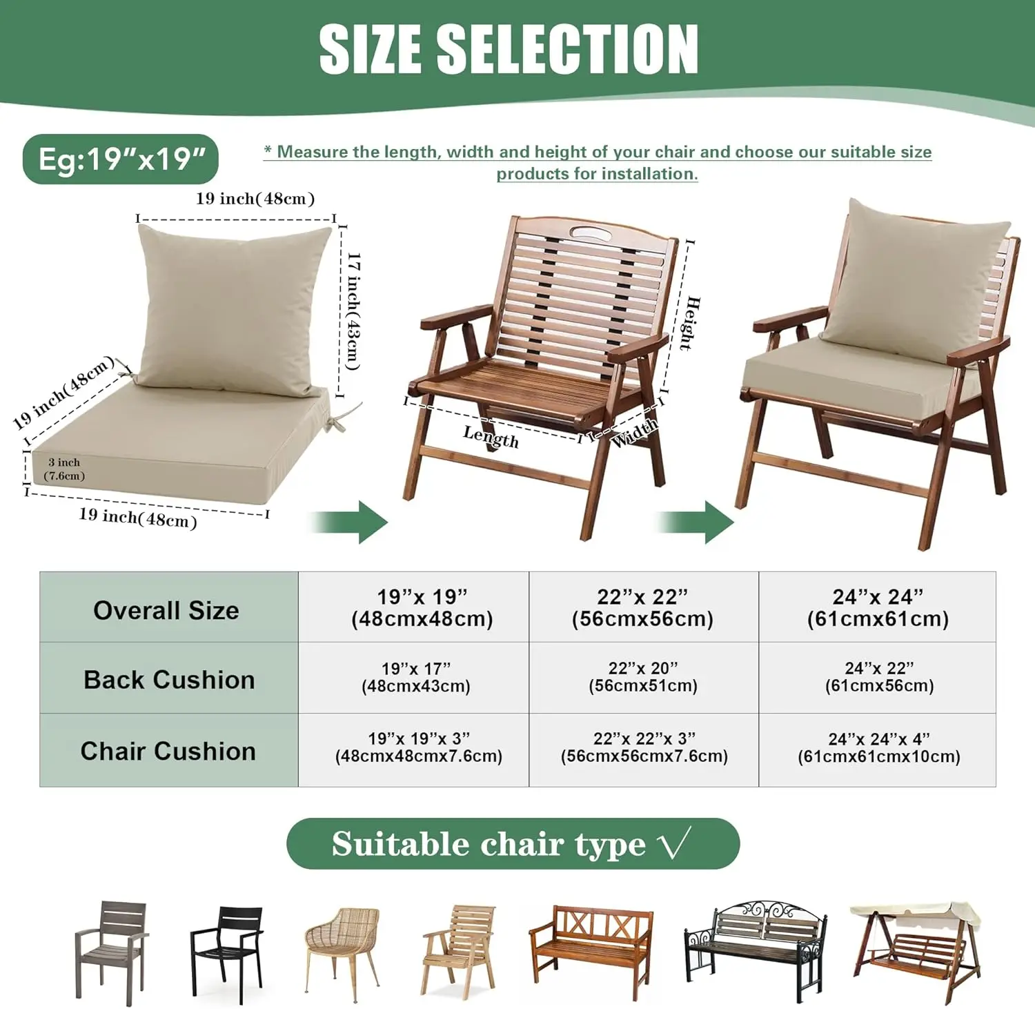 

Outdoor Chair Cushions Set of 4, Waterproof Backrest and Deep Seat Cushion Set for Patio Furniture, Sofa Replacement Cushions