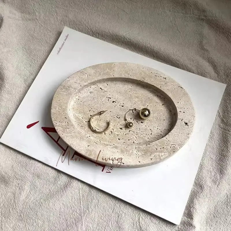 

Medieval Natural Travertine Stone Tray Jewelry Storage Plate Designer Desktop Ornaments Living Room Aromatherapy Tray