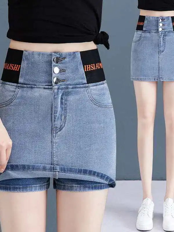 

High Waist Elastic Denim orts Women's Culottes Summer Cleanfit hine Embroidery mid Stretch PU Fabric for Middle-Aged Women