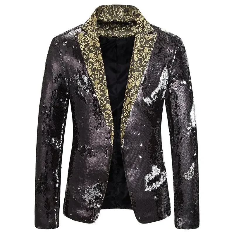 Giacca da uomo con paillettes di lusso e alla moda con colletto con risvolto Design floreale abito da sera per banchetti sul palco del cantante dello sposo