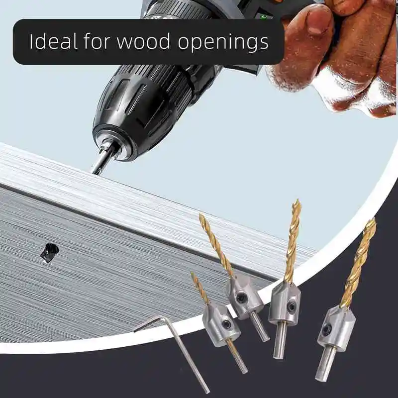 4 PCS Titanium Coated Countersink Drill Bit Set Woodworking Carpentry Reamer Tool Set With Hex Key Wrench