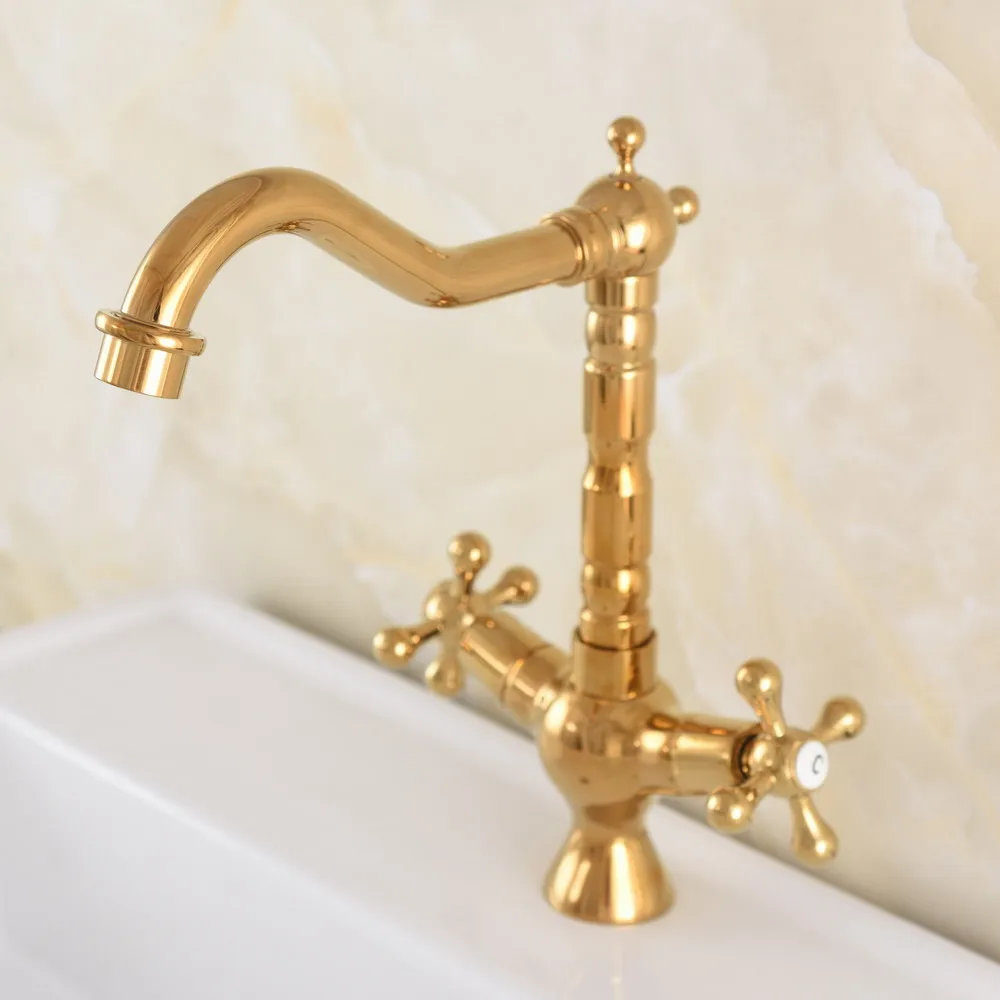 

Luxury Gold Color Brass Hot&Cold Sink mixer Faucet Kitchen Faucet Double Handle 360 Rotation Tall Spout Mixer Tap Nnf709