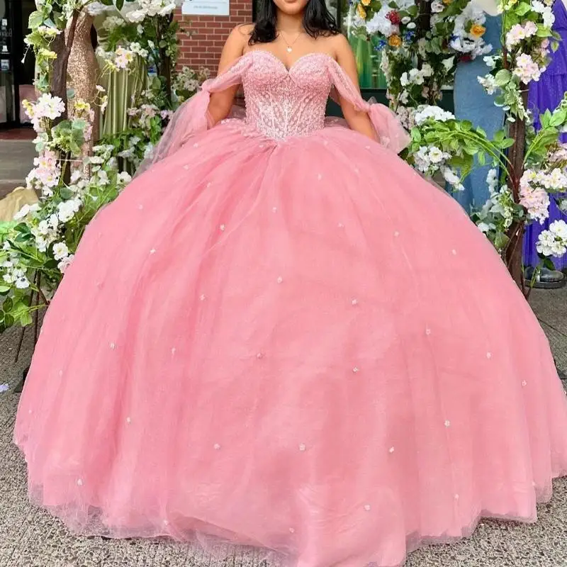 Maßgeschneiderte rosa Quinceanera-Kleider, Ballkleid, schulterfrei, Spitze, Perlenstickerei, Tüll, Korsett, Party, Geburtstag, Sweet-16-Kleid E