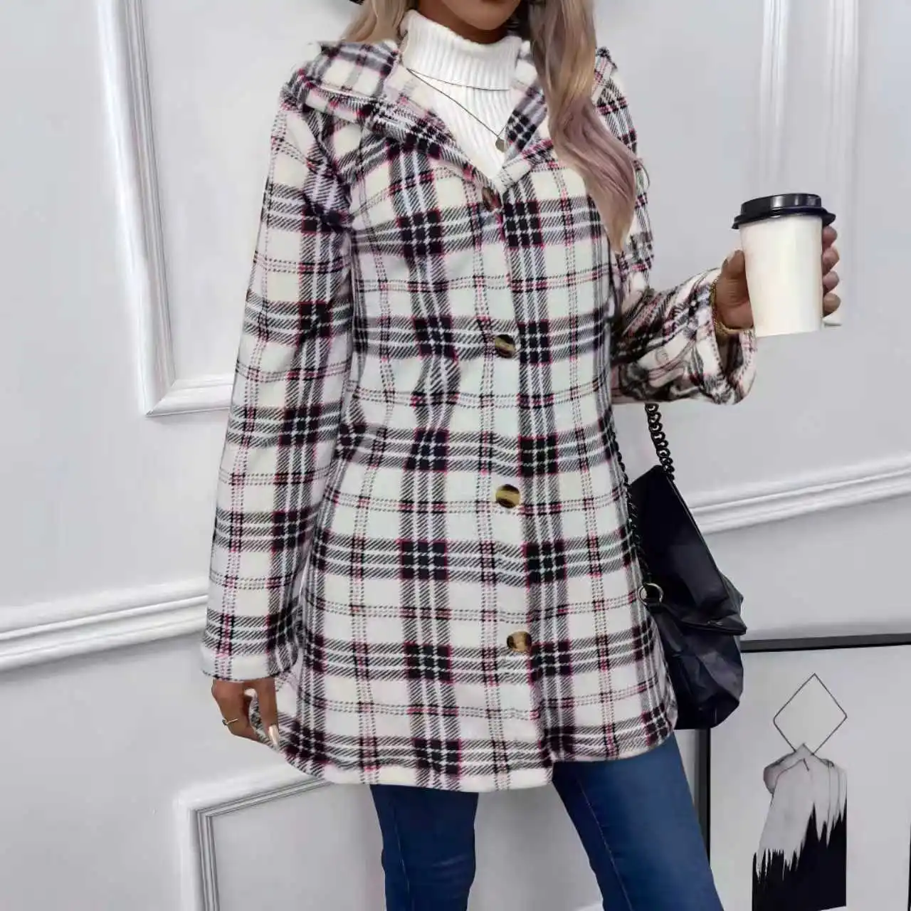 Zimní dámský plyšový kabát s kapucí 2025, knoflíkový kardigan, dlouhý teplý kardigan s pruhy, módní pouliční bunda pro ženy - náhled 4