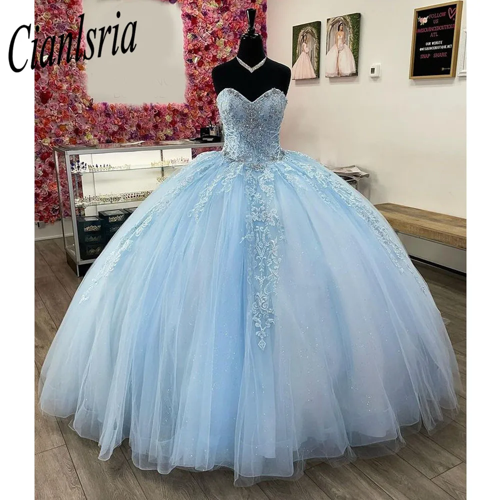 

Sky Blue Sweet 16 Quinceanera Dress With 3D Flowers Glitter Tulle Appliques Ball Gown Pageant Bitthday Party Gown
