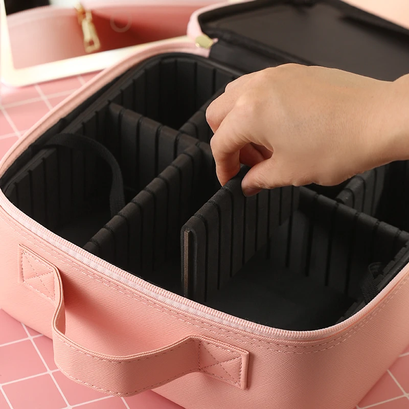 Makeup Bag with Mirror and Light Travel Makeup Train Case Cosmetic Organizer Portable Storage Bag with Adjustable Dividers