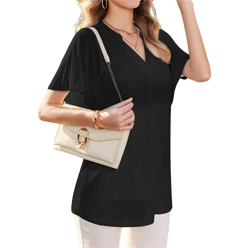 

AG-Women's Short Sleeve V Neck Blouses Shirts Floral Double Layers Mesh Tunics Tops