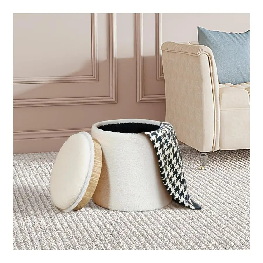 

Round Storage Ottoman Boucle Ottoman with Tray, Teddy Velvet Footstool Cube for Living Room, Bedroom, Dorm 13.4x13.4x15 White