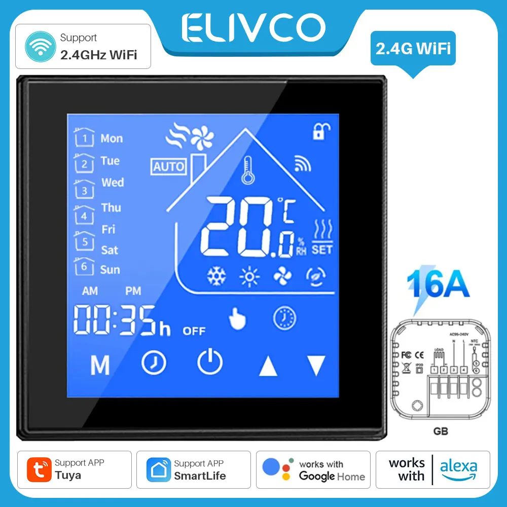 

GB Tuya Smart WiFi Thermostat LCD Touch Screen Electric Heating Thermostat Supports Google Alexa Voice Control Remote Control
