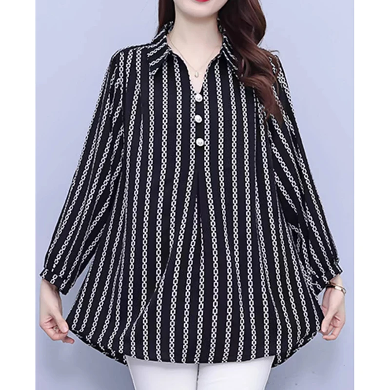 Fashion Lapel Button Spliced Printed Striped Blouses Women\'s Clothing 2024 Autumn New Loose Commuter Tops Casual Chiffon Shirts