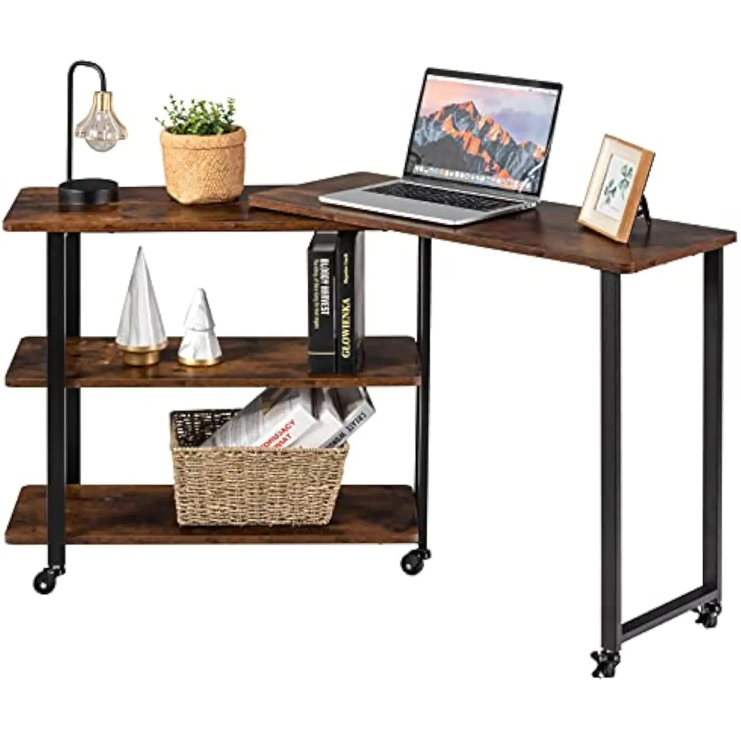 

L-Shaped Side Table with Wheels, Sofa Table with 2 Shelves, Pc Table, Multifunctional Laptop Table, Computer Desk, Snack Table