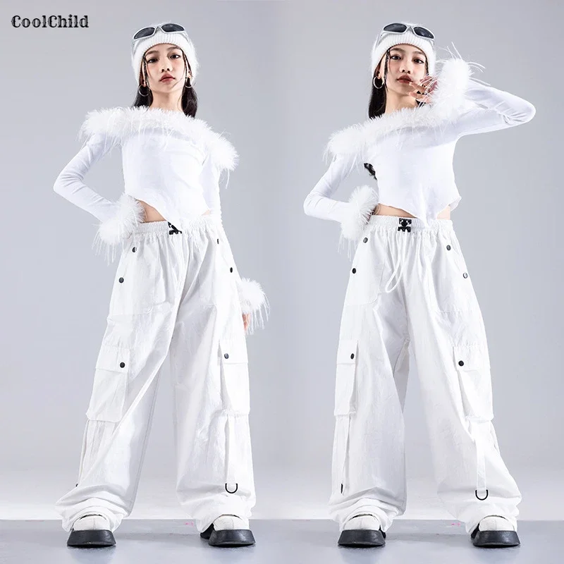 Girls Hip Hop Crop Top Cargo Pants Children K-pop Jazz Dance Skirts Kids Winter Streetwear Costume Princess Elegant Clothes Sets