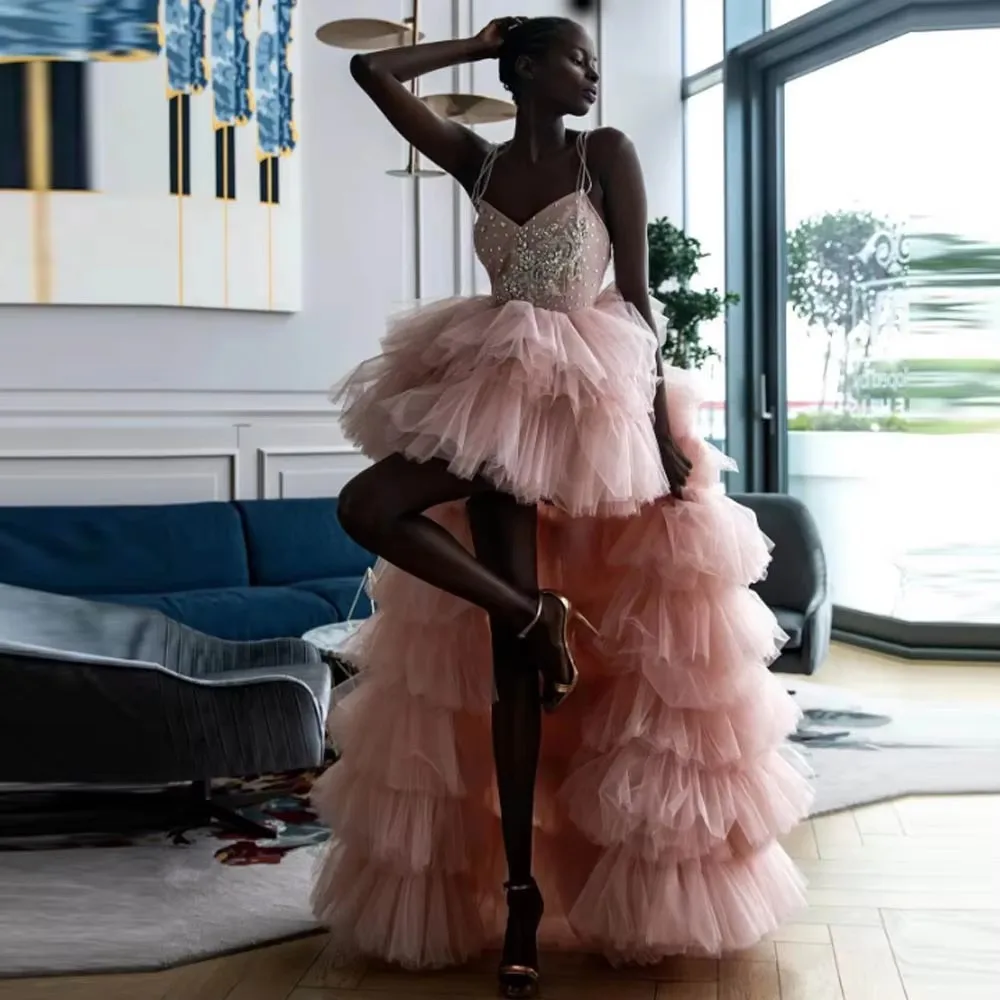 Prachtige roze hoog laag galajurken met spaghettibandjes kralen applicaties gelaagde zwarte meisjes verjaardagsjurk voor foto's tieners G