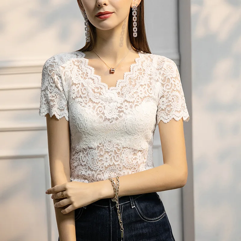 Summer New Lace Short-sleeved Bottoming Shirt Women\'s V-neck Slim Sexy Hollow Inner Top Y2k Clothes Clothing Tops