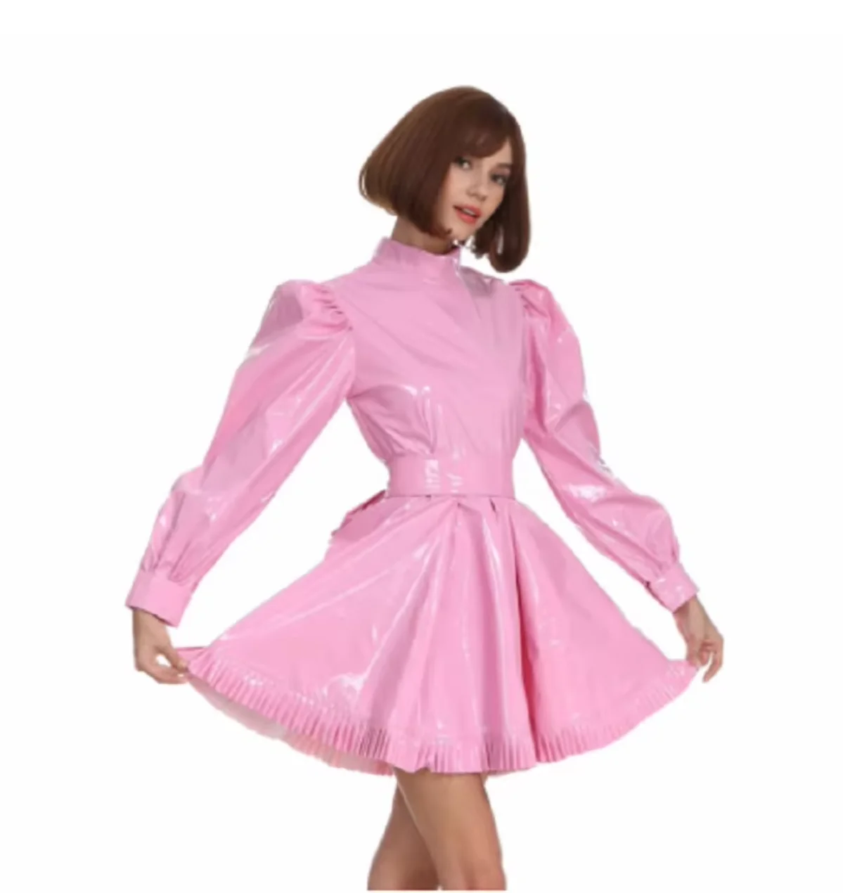 

French Maid High Neck Long Sleeve Lockable Pink PVC Dress Sissy Cross Dressing Role Play Costume Customization