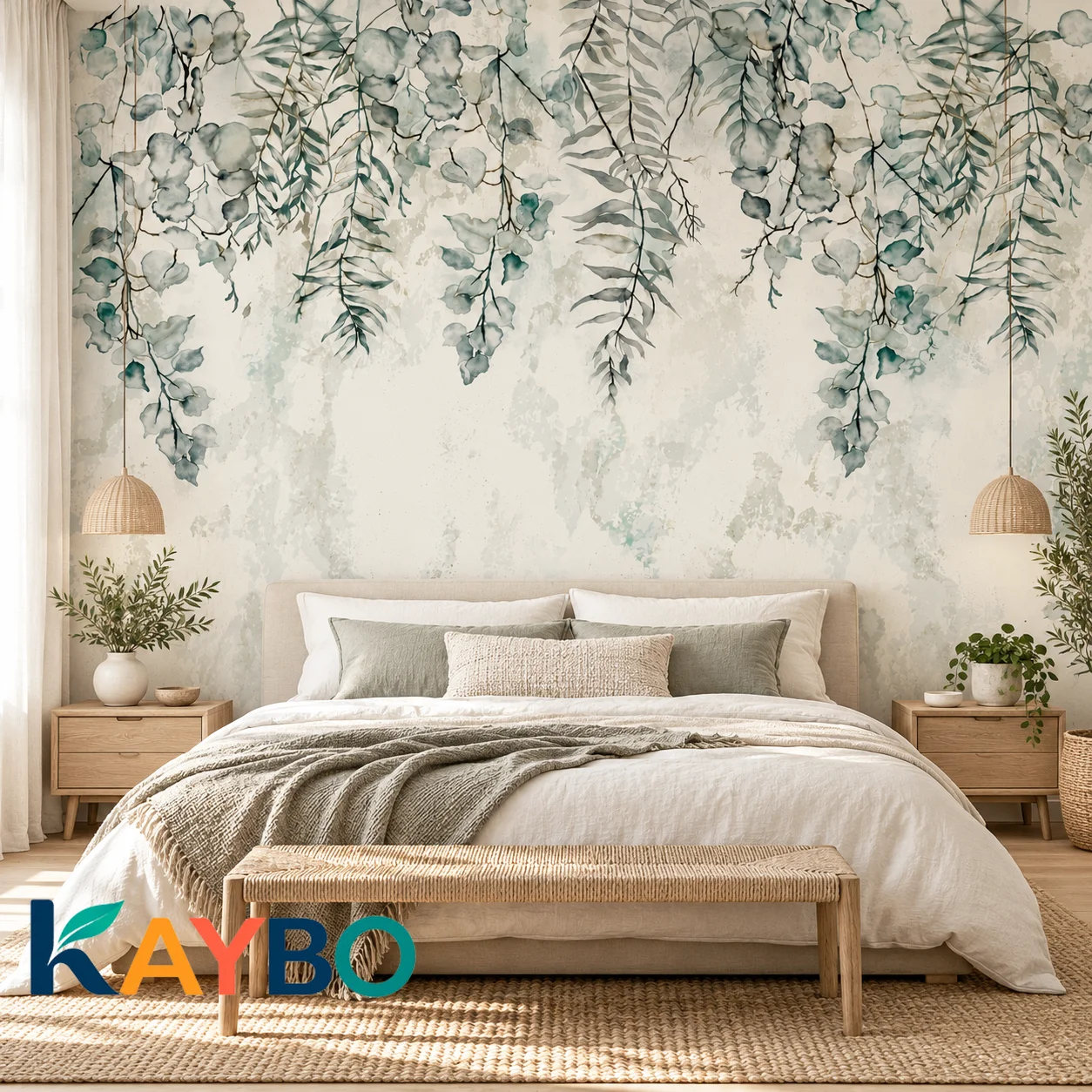 Botanical Wallpaper Mural Hanging Eucalyptus Leaves Watercolor Pale Sage Non Self Adhesive Living Room Bedroom Accent Wall Decor
