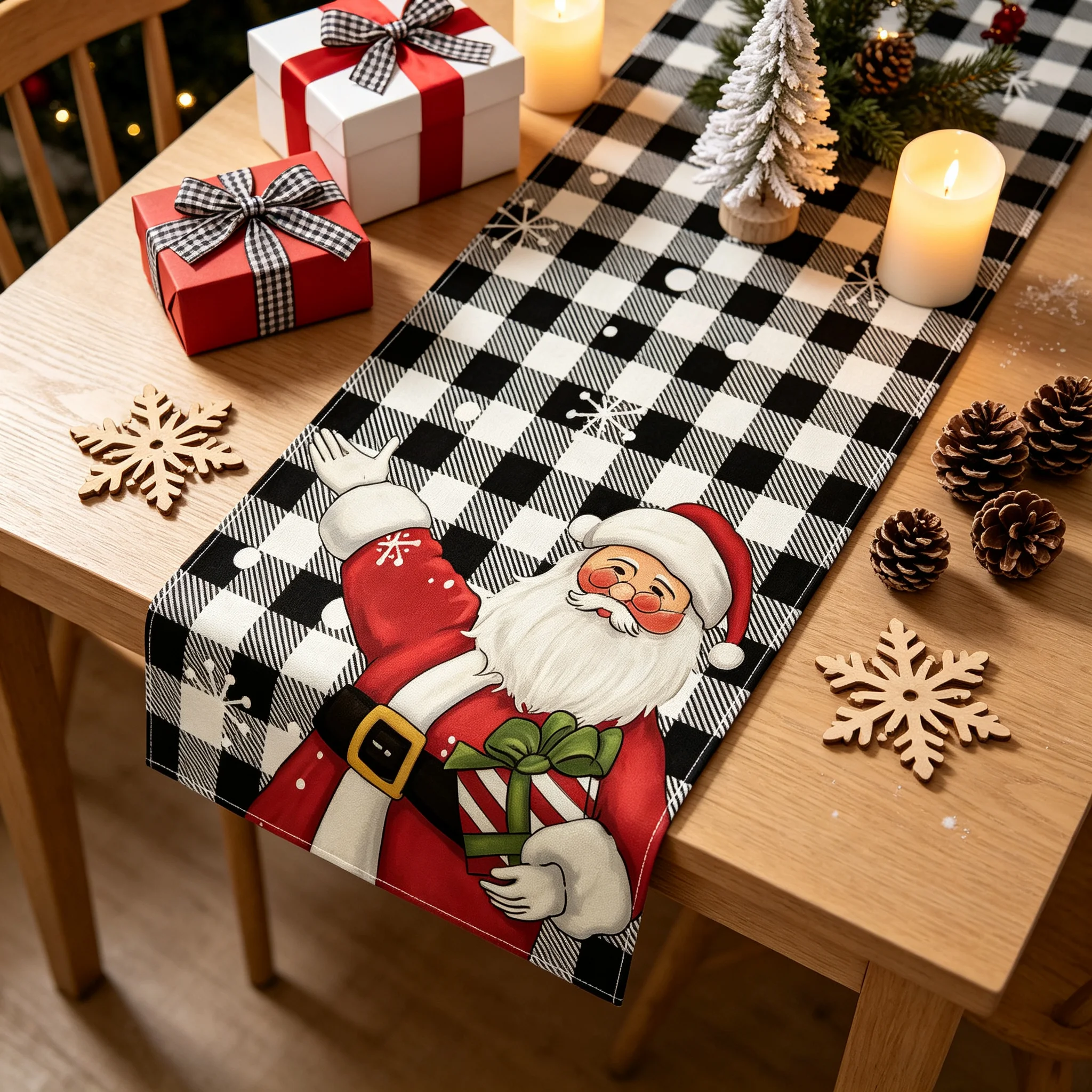 Black White Buffalo Plaid Santa Table Runner Christmas Santa Gift Dining Table Runner Holiday Party Home Tabletop Decoration