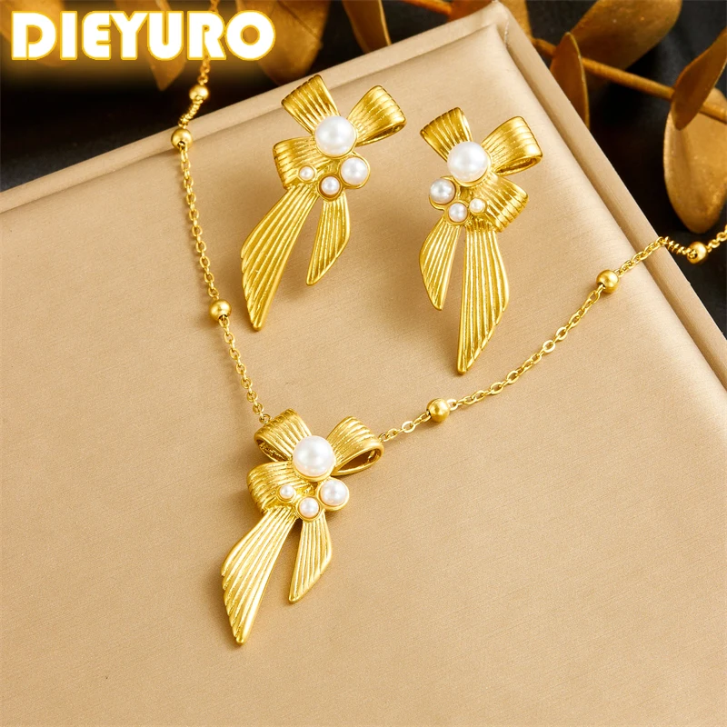 DIEYURO 316L Stainless Steel Retro Gold Color Iine Bowknot Pearl Necklace Earrings Suit For Womens Trend Non-fading Jewelry Set