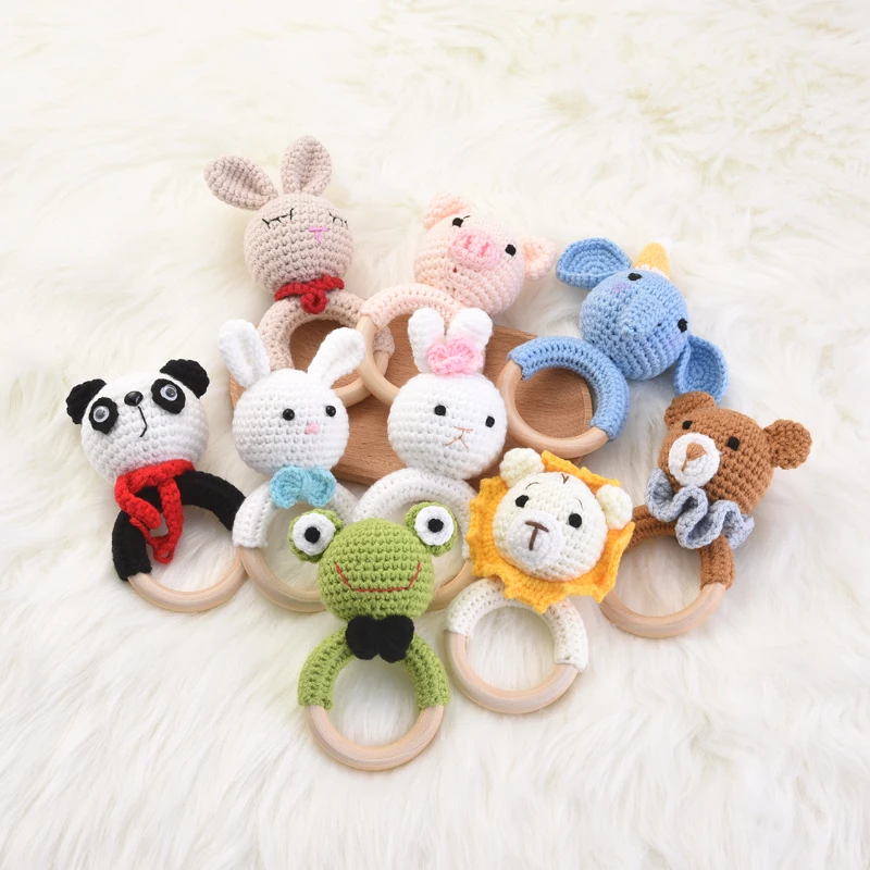 1Pcs Baby Teething Ring Food Grade Crochet Cartoon Animal Toy Wooden Teether Round Ring Bracelet For Baby Cot Hanging Rattle Toy