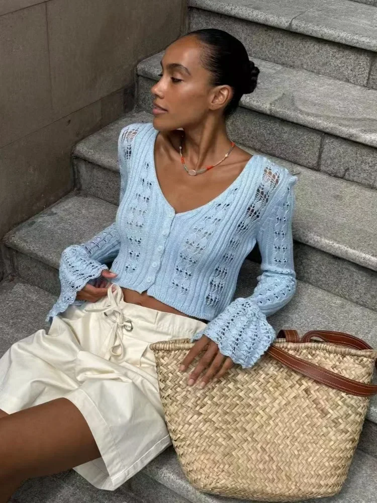 XIAOTANG セクシーな中空アウトニットカーディガン女性の夏の長袖クロップドトップス Y2K ハイストリートシングルブレストイエローカーディガン