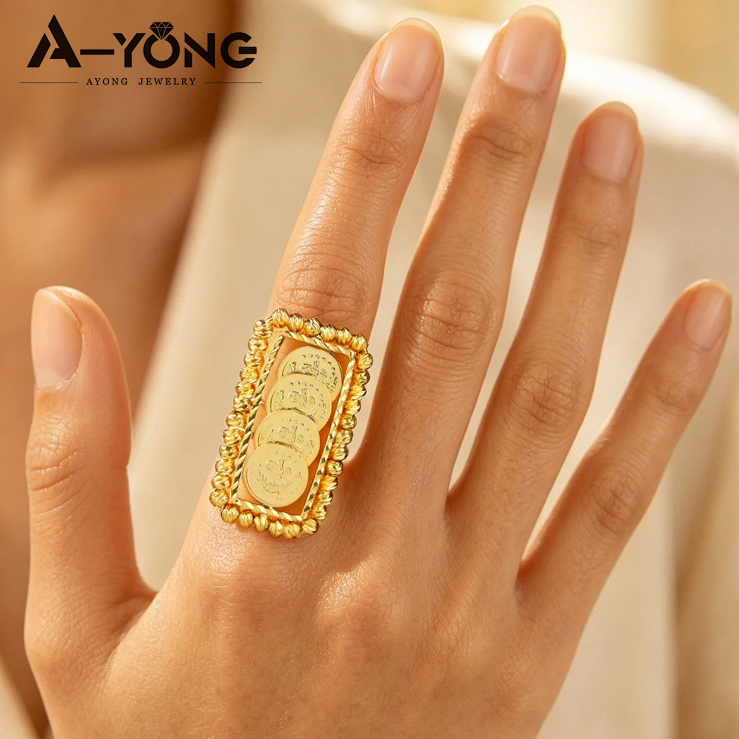 Arabische Mode-Münzringe, 21k vergoldet, Nigeria Braut Hochzeit Verstellbarer Ring, Dubai Muslimische Frauen Event Party Schmuck – Detail 3