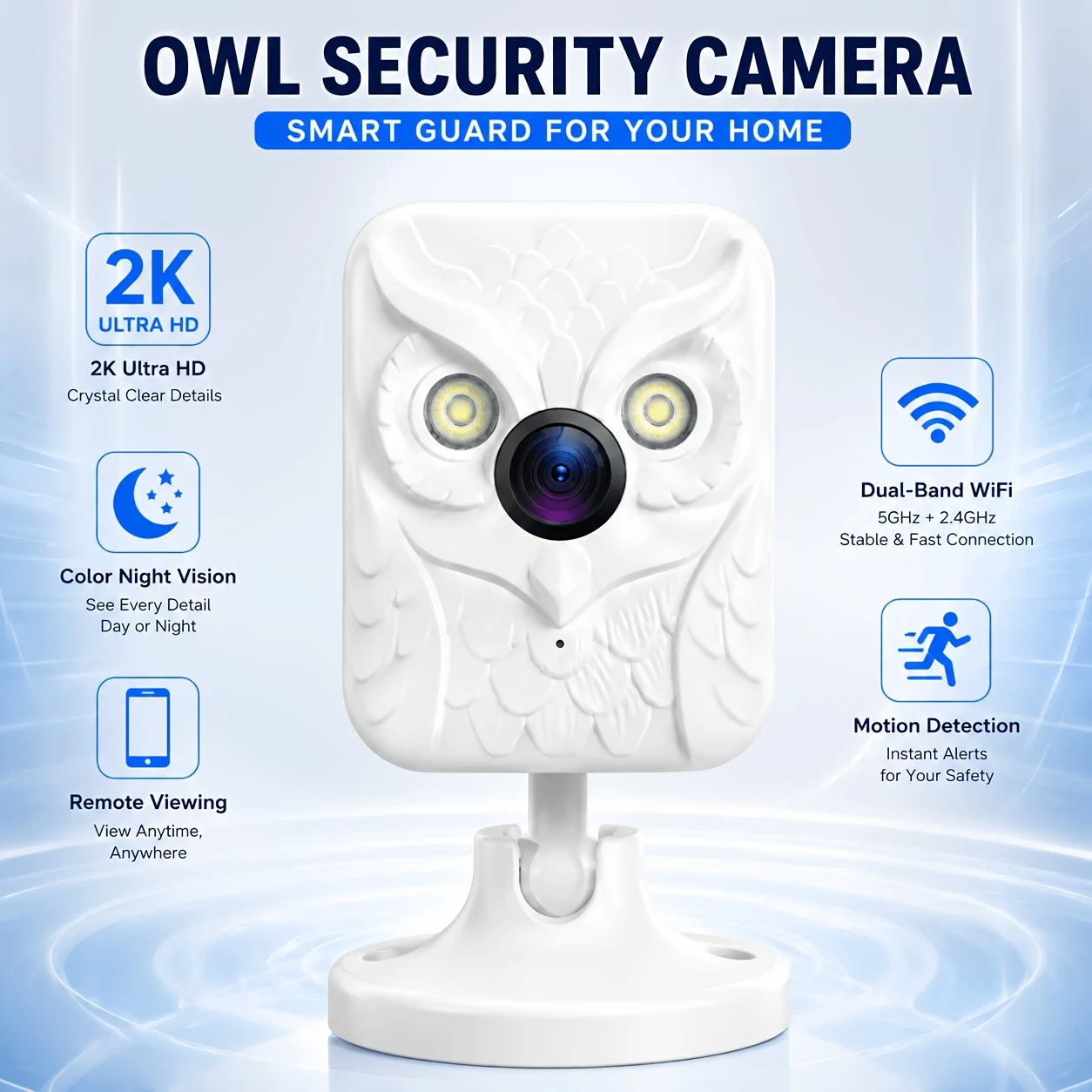 2K Owl Indoor Security Camera, Dual-Band 5GHz & 2.4GHz WiFi, Color Night Vision, Motion Detection, Remote Viewing, Smart Home Ca