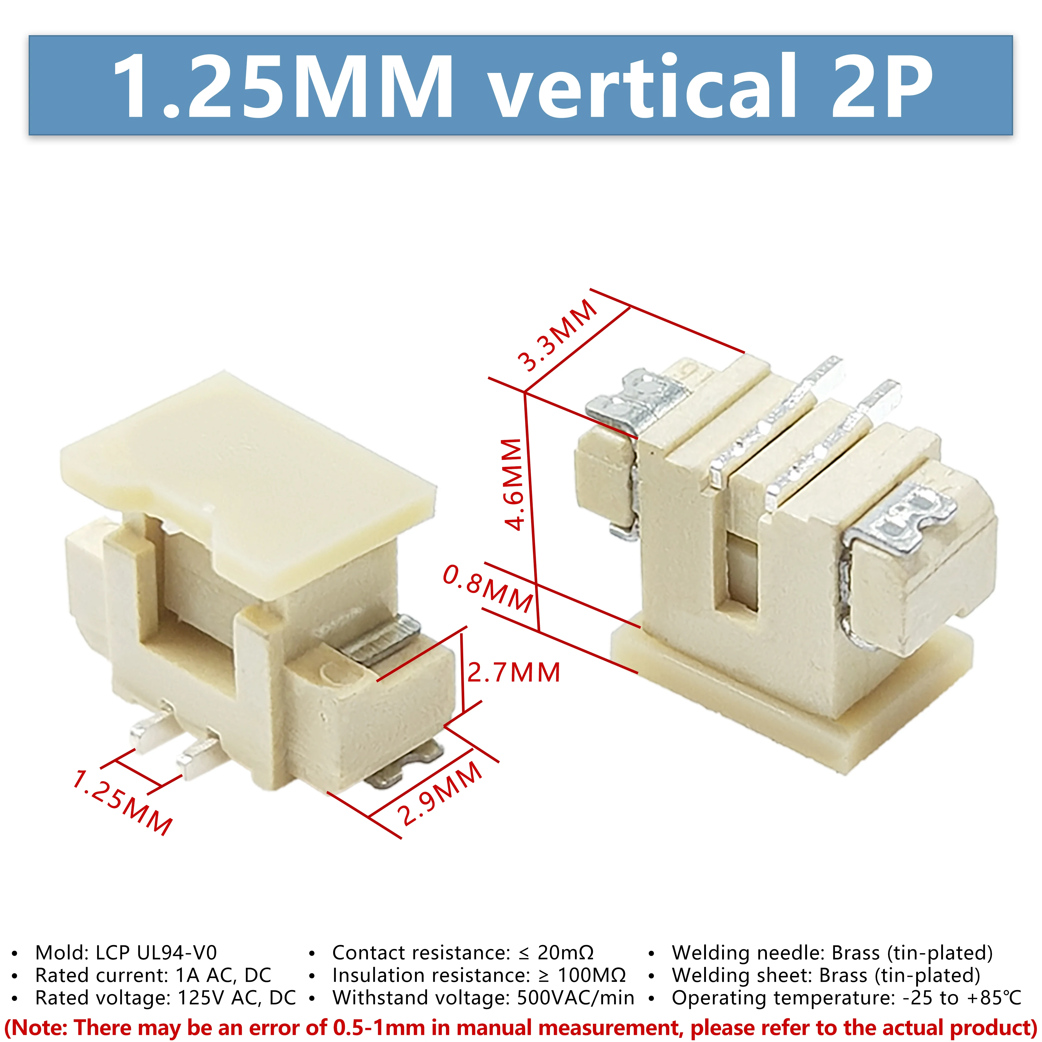10PCS ZH1.25mm Pitch 2P Vertical SMD Wafer Connector Female Housing Socket Terminal Plug, High Temperature Resistant