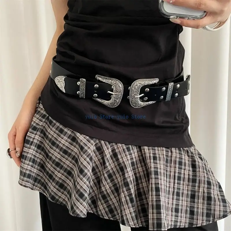 X7XB Edgy Double Buckles Waist Belt With Studded Accents Retro Punk Accessory