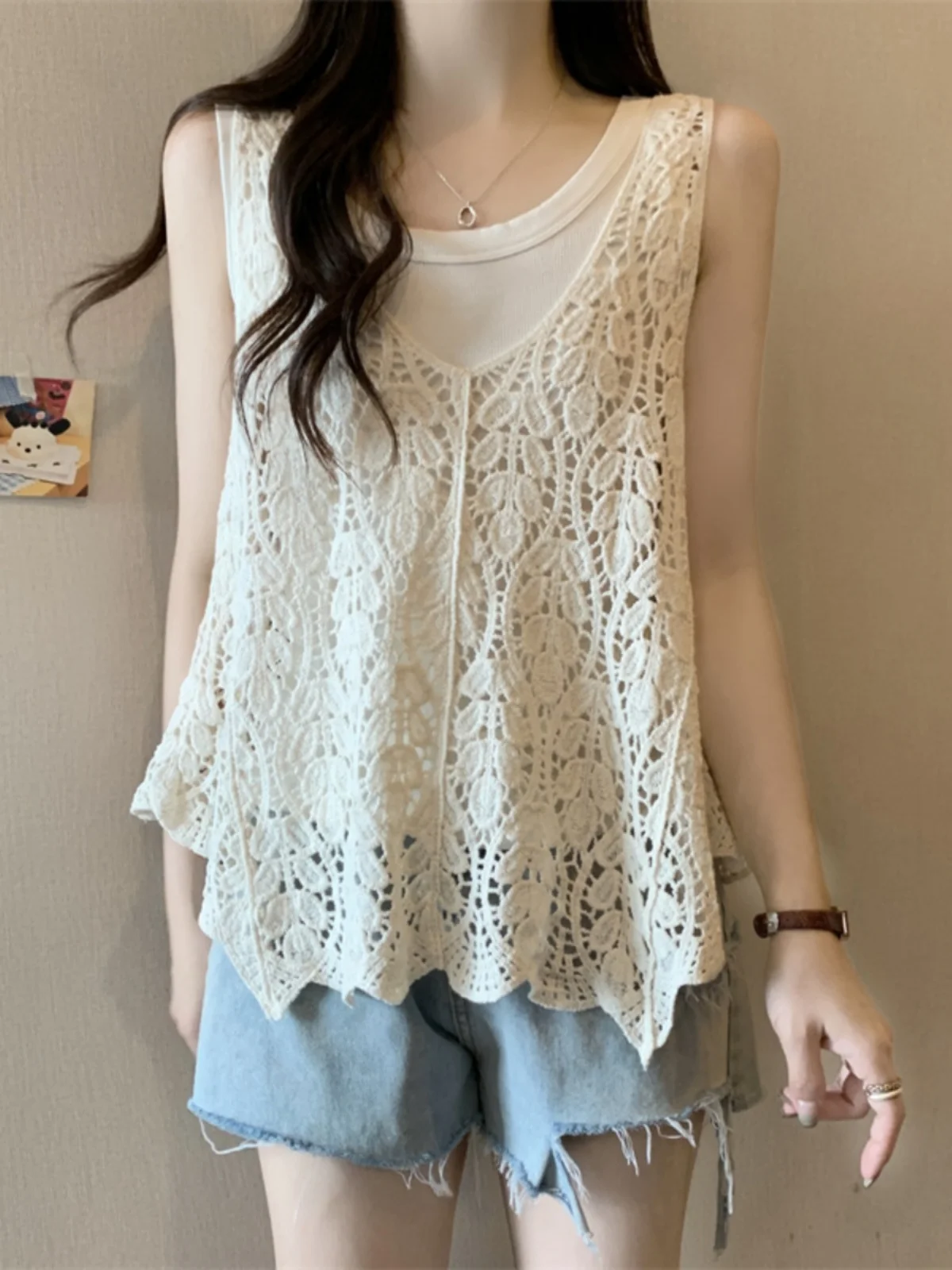 Summer Women's plus Size Lace Hollow out Tank Top And Vest Two Piece Set Fashionable Slimming Effect Comfortable Breathable