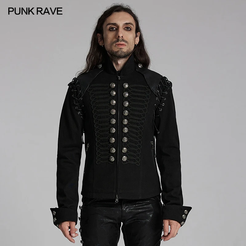 PUNK RAVE Men's Punk Woven Twill Military Jacket Vintage Buttons Visual Impact Casual Tops Men Black Coat  Autumn/Winter