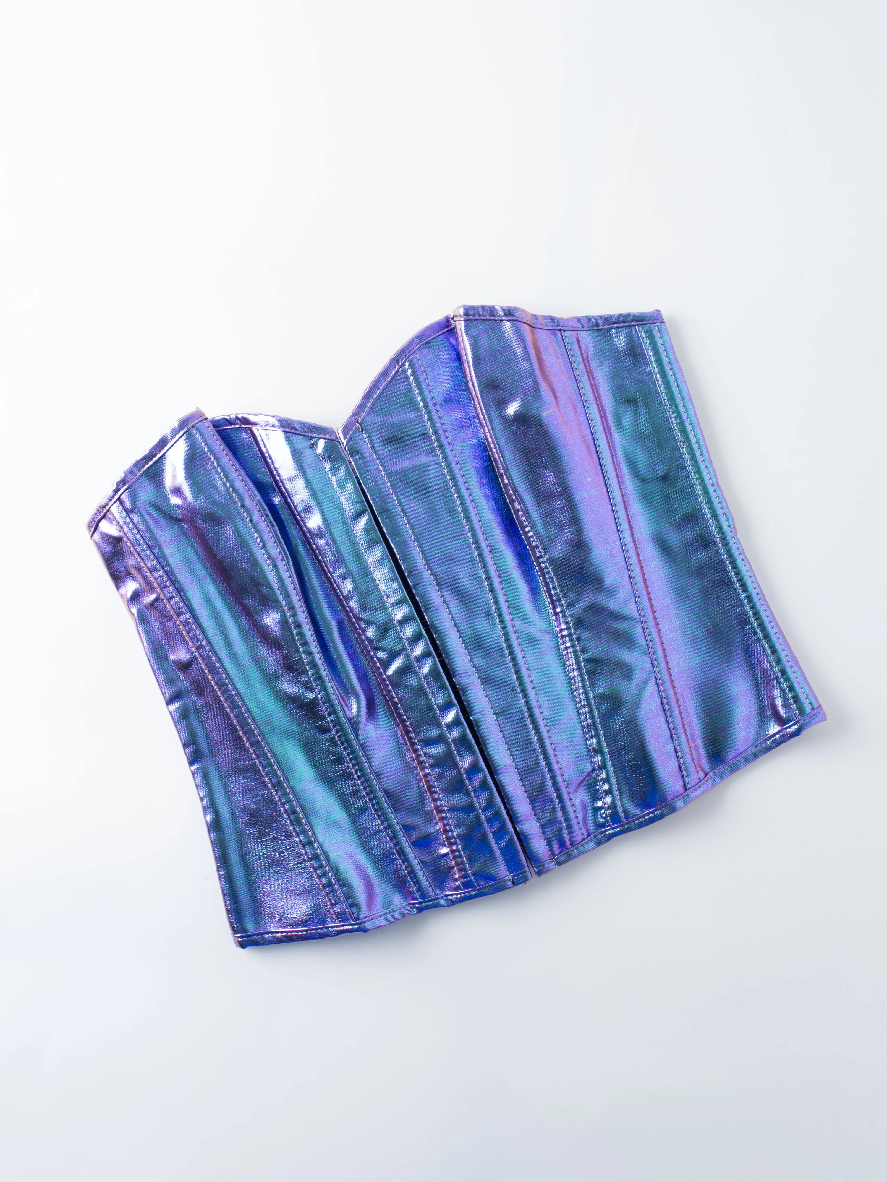 Women's Blue Purple Holographic Corset Top, Vertical Seam Slim Fit Cropped Bustier for Rave Festival view 6
