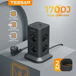 TESSAN Tower Power Strip with Surge Protection Black Vertical Tower Power Strip with USB 2M Extension Cord EU Plug Socket KR 멀티탭
