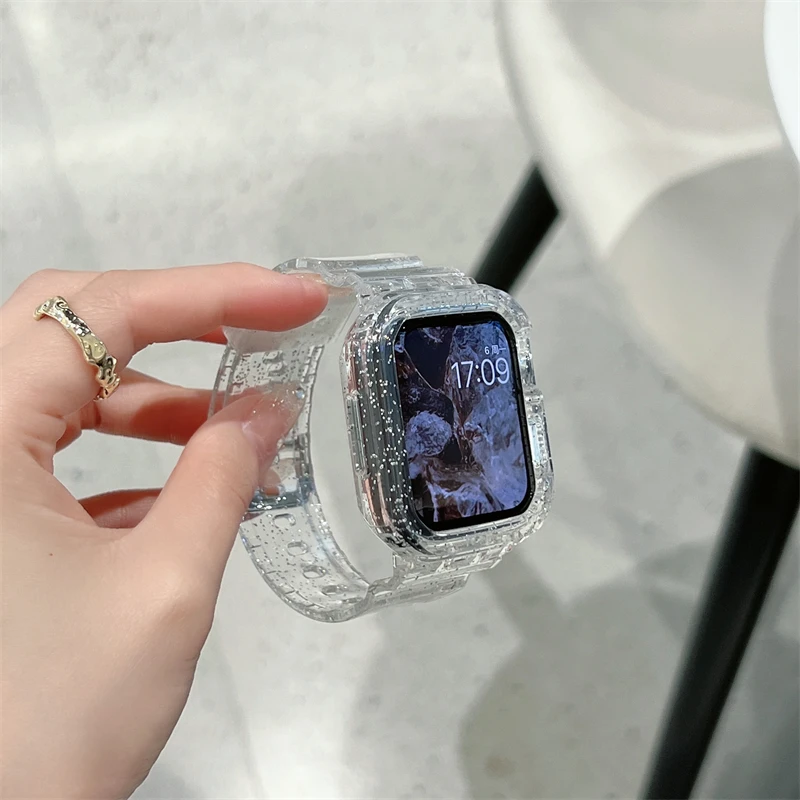 Glitter Women Clear Plastic Bands For Apple Watch Strap 41mm 45mm 44mm 40mm 42mm 38mm Sports Wristband For iWatch 7 6 SE 5 4 3 2