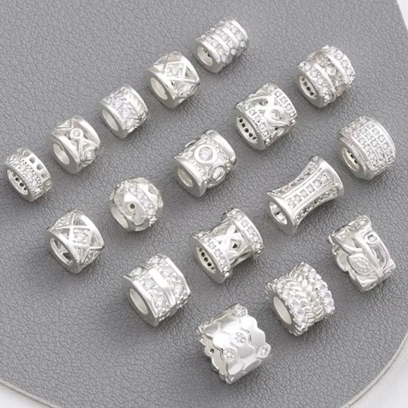 

Silver Micro-inlaid Zircon Barrel Beads, Big Hole Wheel Beads, Separated by Beads, Passepartout Handmade, DIY Beaded Accessories
