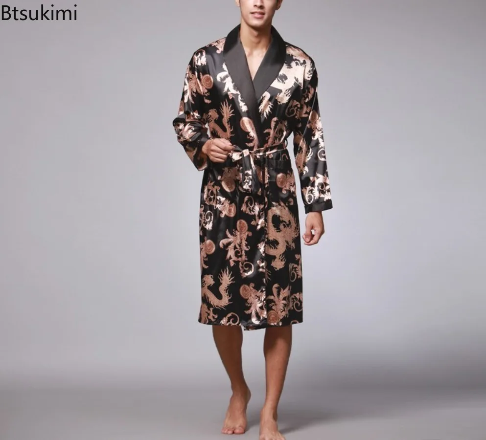 

2025 Men Summer Long Sleeved Bathrobes Silk Satin Golden Dragon Long Bathrobe Dressing Gown Knee Length Home Clothes Sleepwear