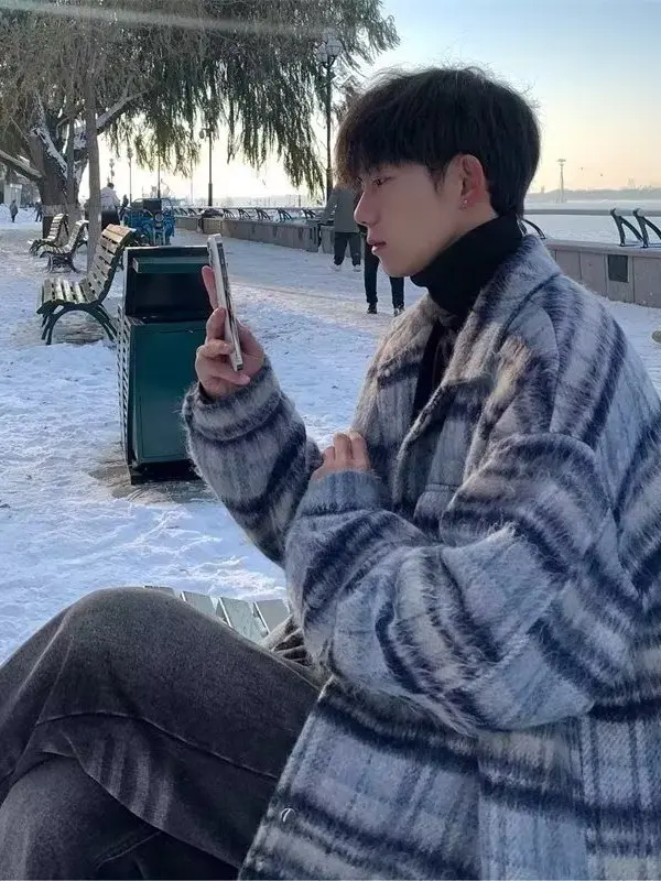 الرجال معطف الصوف منقوشة الخريف الشتاء خمر بدوره إلى أسفل طوق الكورية Sle العصرية سترة واقية Jaet الدافئة الباردة واقية طويلة Sl...