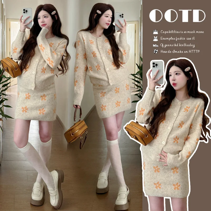 

Осенний комплект свитера для беременных, элегантный модный топ с вышивкой для ленивых и юбка-миди, комплект из двух предметов