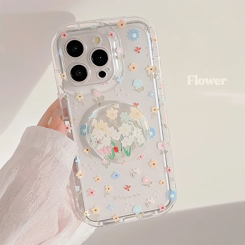 Koreanische Vollbild-Blumenhalterung, weiche Handyhülle für iPhone 16, 15, 14, 13, 12, 11, Pro Max, transparente, stoßfeste Schutzhülle