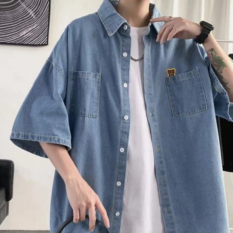 

Loose Fit Men's Denim irt Summer New Sle Large Size 300 Pou ort Sve Trendy Brand Casual irt for Youth