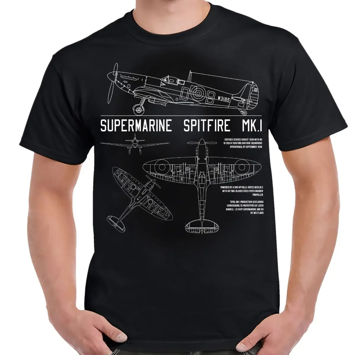 

Spitfire Mk.1 Schematic Black Men T-shirt Short Sleeve Casual Cotton Summer Boys T-Shirts