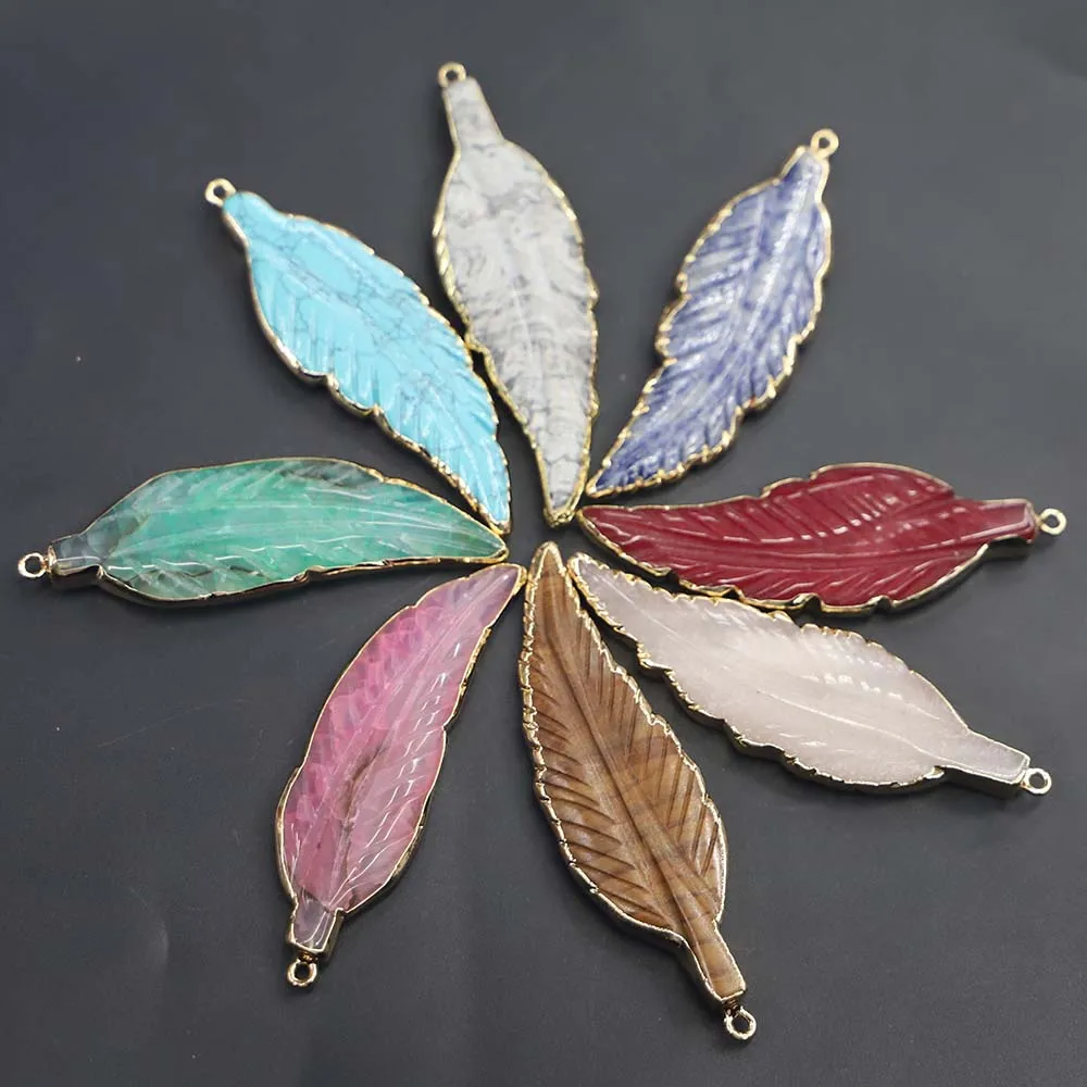 Natural Stone Multicolor Leaf Feather Shape Pendant Sweater Chain Stylish Charms DIY Jewelry Necklace Accessories Wholesale 4Pcs