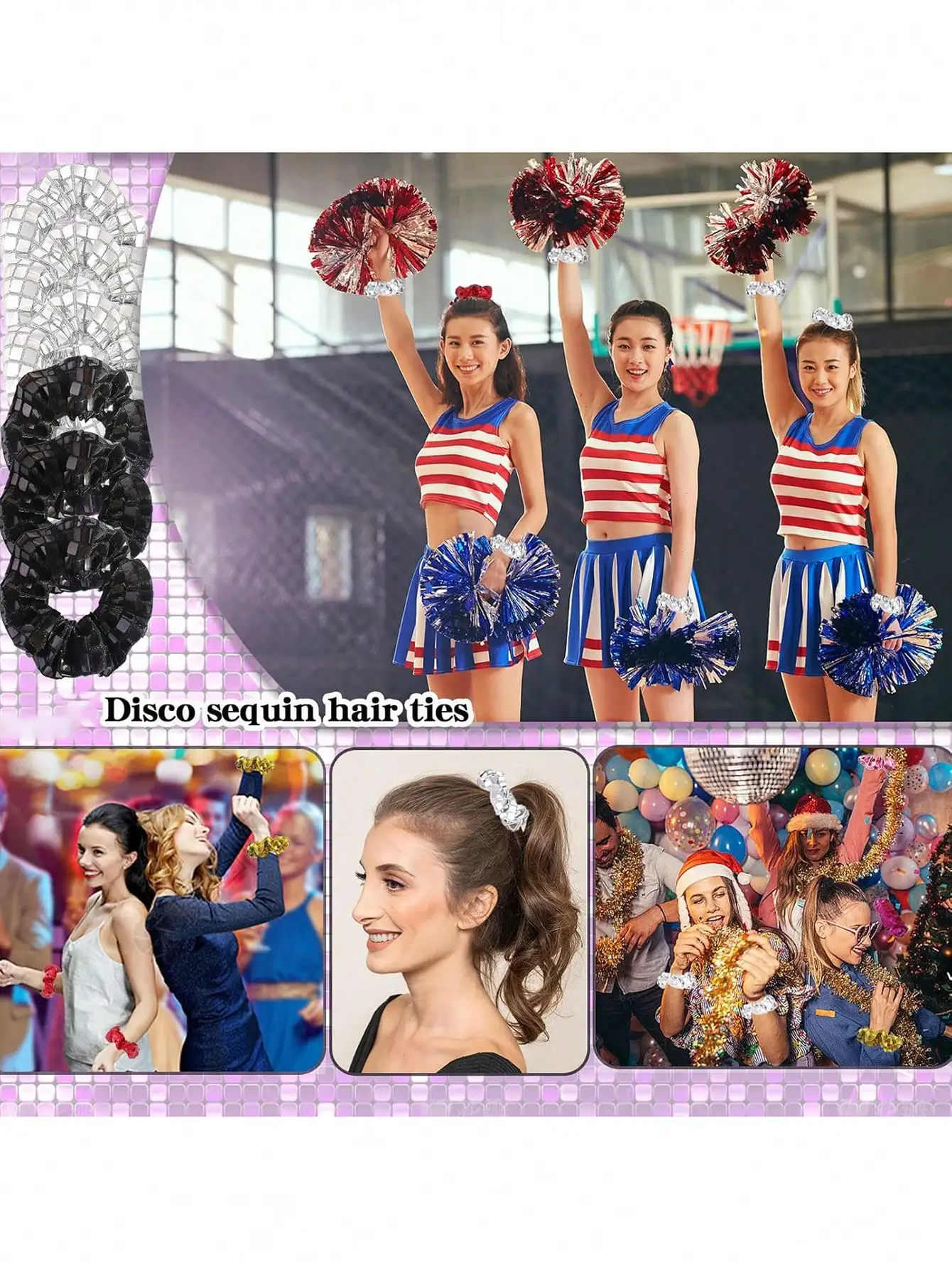 Black Disco Ball Sequin Hair Ties Set of 1-4-8 Vintage 70s 80s 90s Disco Party Bridal Shower Bachelor Party Birthday Wedding Gif view 4
